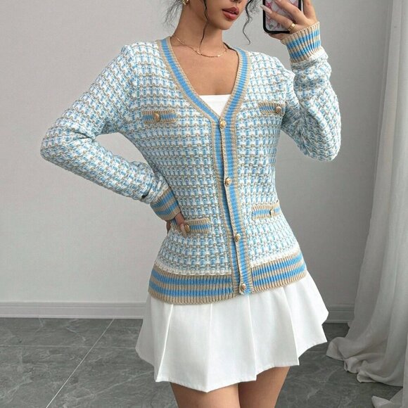 Blue Casual Women's Contrast Color Long Sleeve Cardigan - Picture 3 of 6